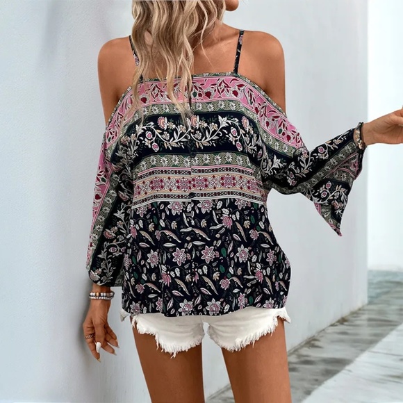 2/$40 Boho Floral Cold Shoulder Top Flowy Off-Shoulder Blouse Festival Style Top - Picture 1 of 7